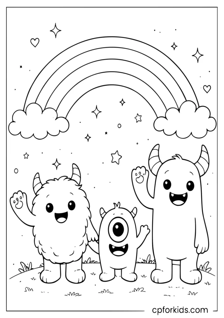 Three playful little monsters laughing under a big rainbow