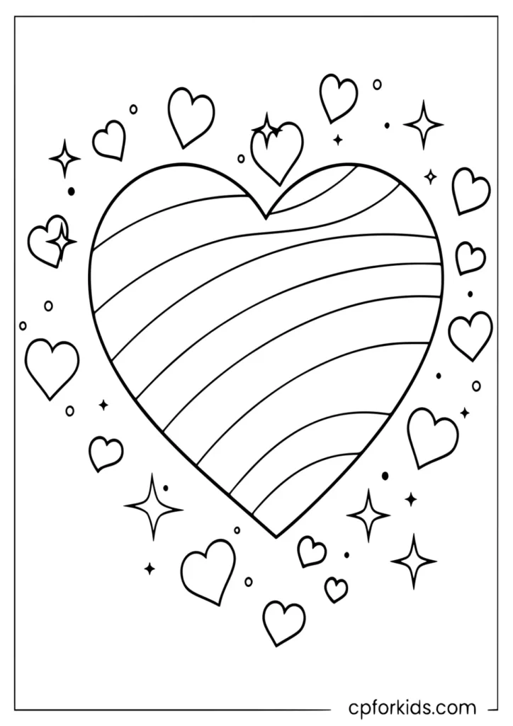 Simple rainbow with tiny hearts and sparkling stars, easy-to-color page