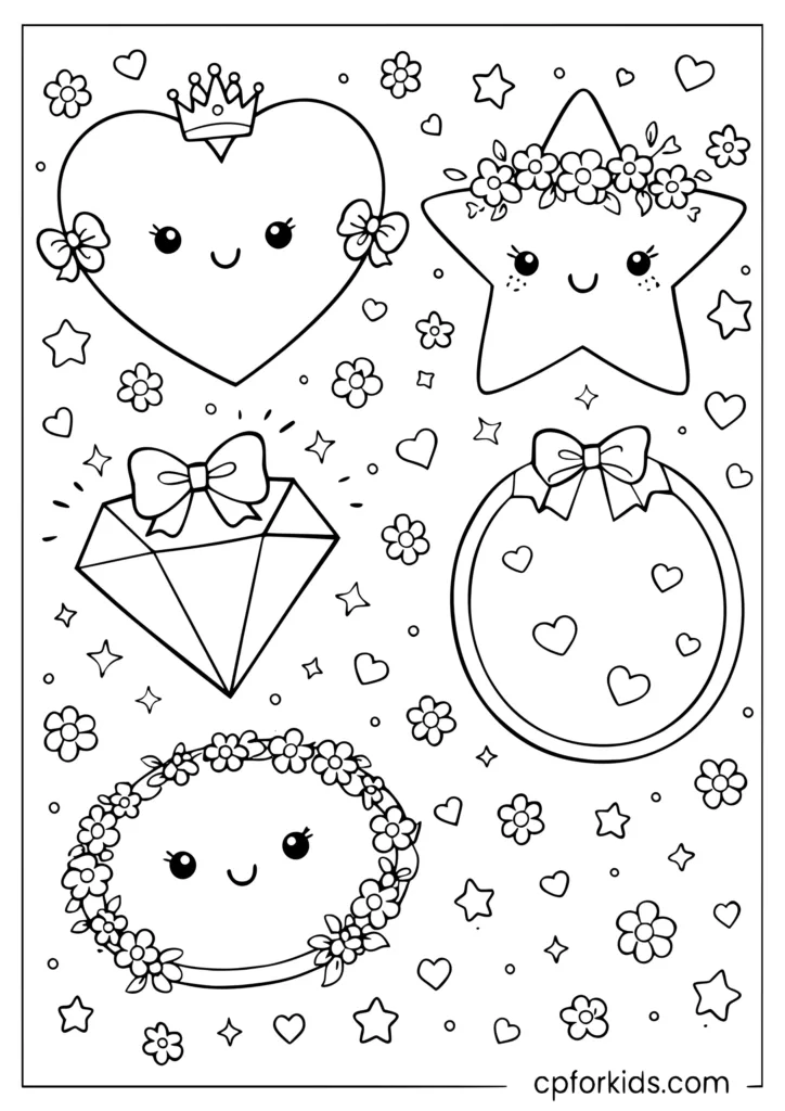 Cute shapes coloring page for girls with heart diamond and star decorated with flowers and bows