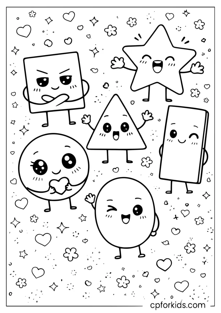 Cute shapes with faces coloring page with kawaii circle square triangle star and oval characters