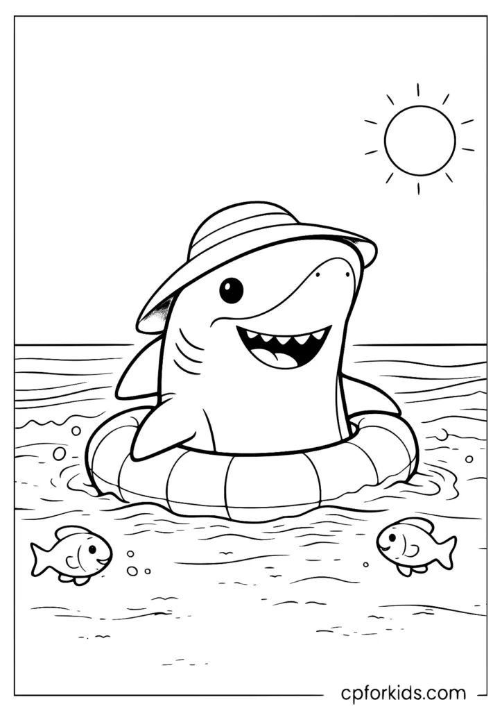 Cute shark wearing a beach hat coloring sheet