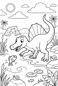 Cute Spinosaurus fishing in a prehistoric lagoon online coloring page
