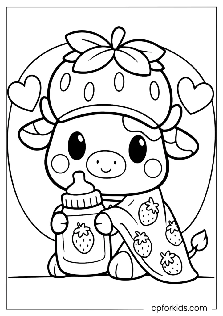 Cute strawberry cow printable with thick outlines and large open spaces to color.