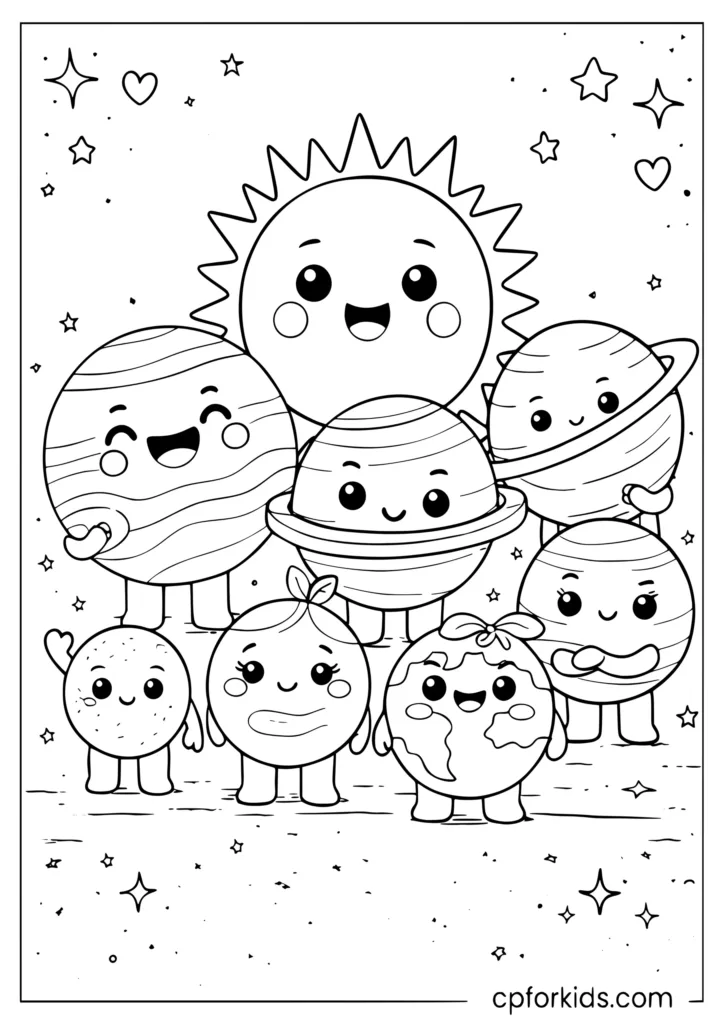 Cute solar system coloring page with sun and all eight planets as cartoon characters with expressive faces