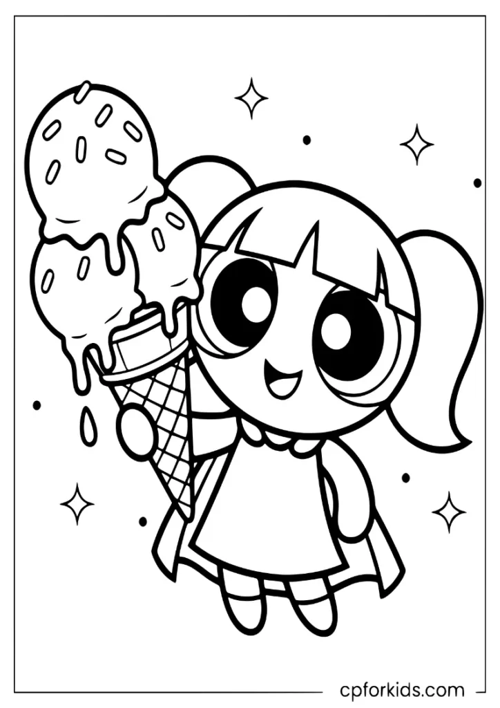 Cute superhero girl with big eyes holding a giant melting ice cream cone