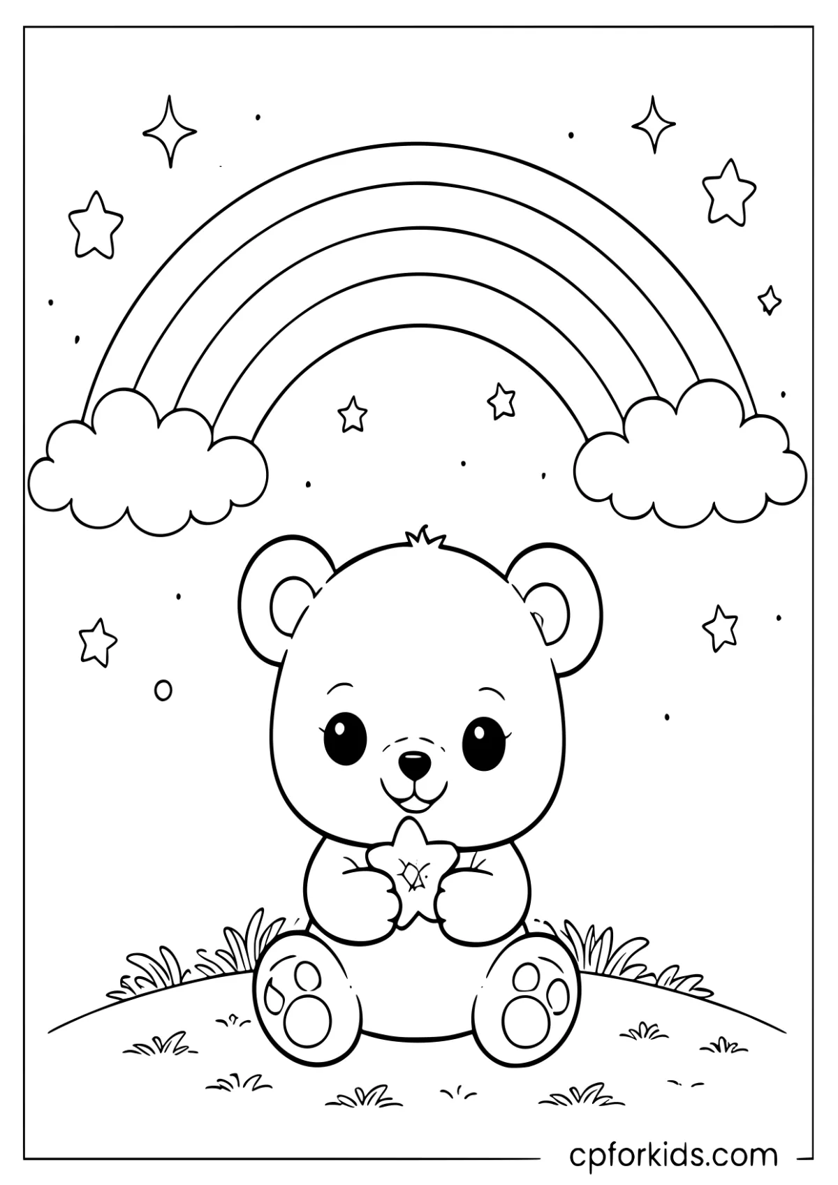 Teddy bear sitting under a rainbow