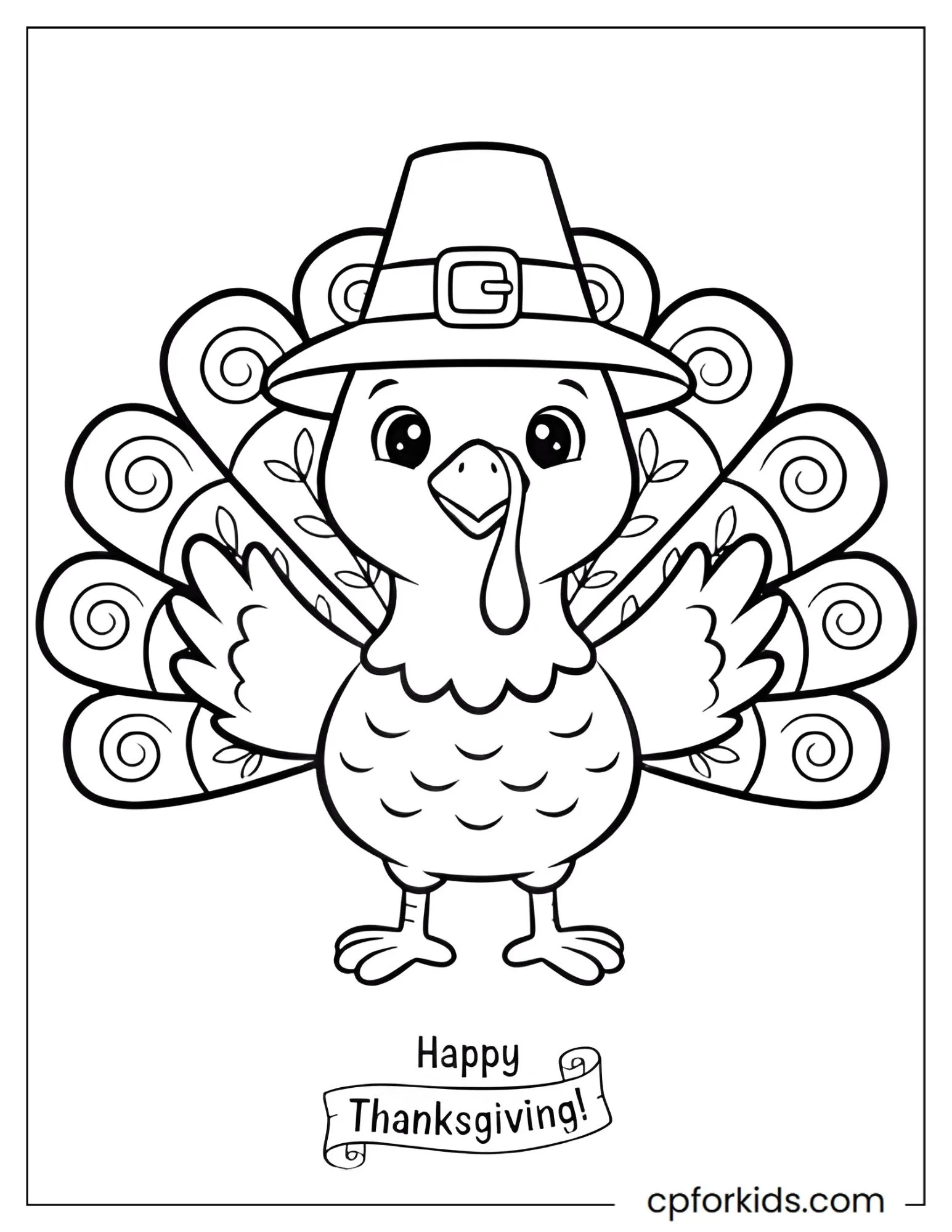 Pilgrim hat turkey with spiral patterns on tail feathers