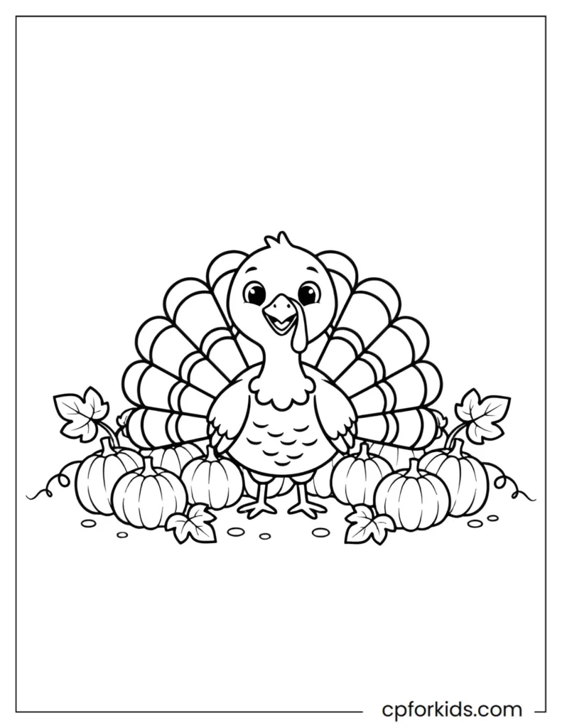 Cute turkey standing in a pumpkin patch surrounded by fall harvest elements coloring page.