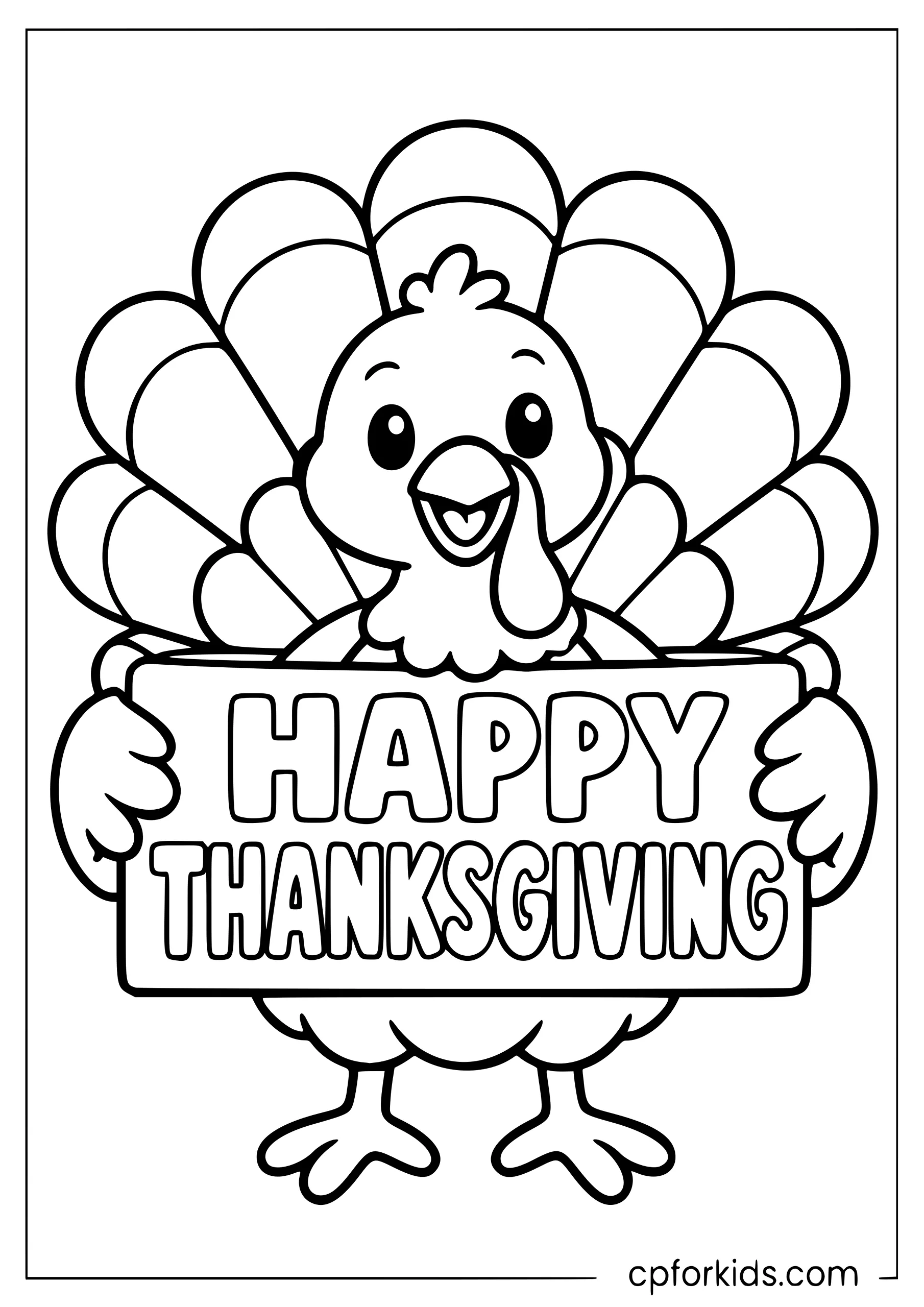 Turkey holding a sign with outlined Thanksgiving lettering
