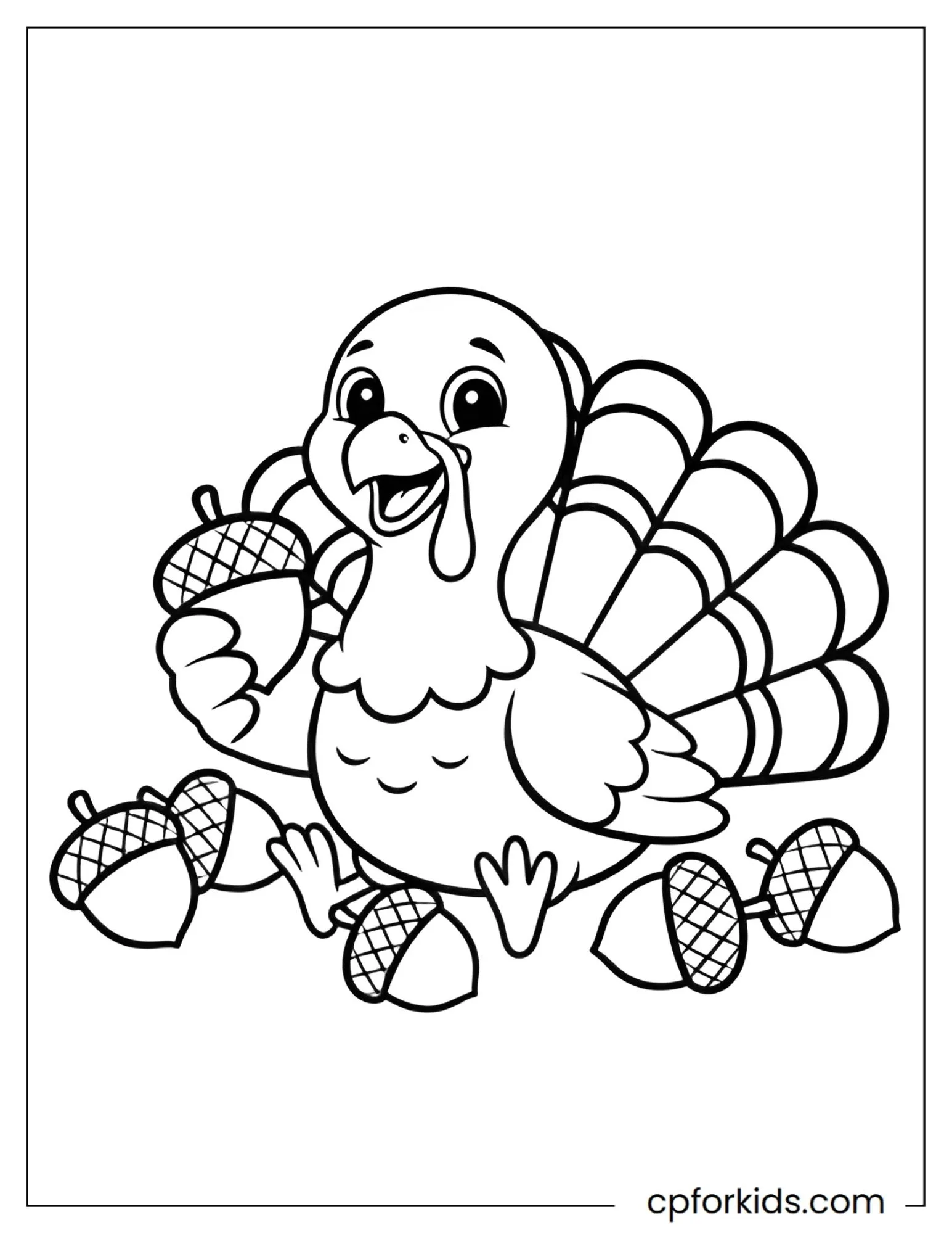 Turkey holding an acorn beside fallen oak leaves
