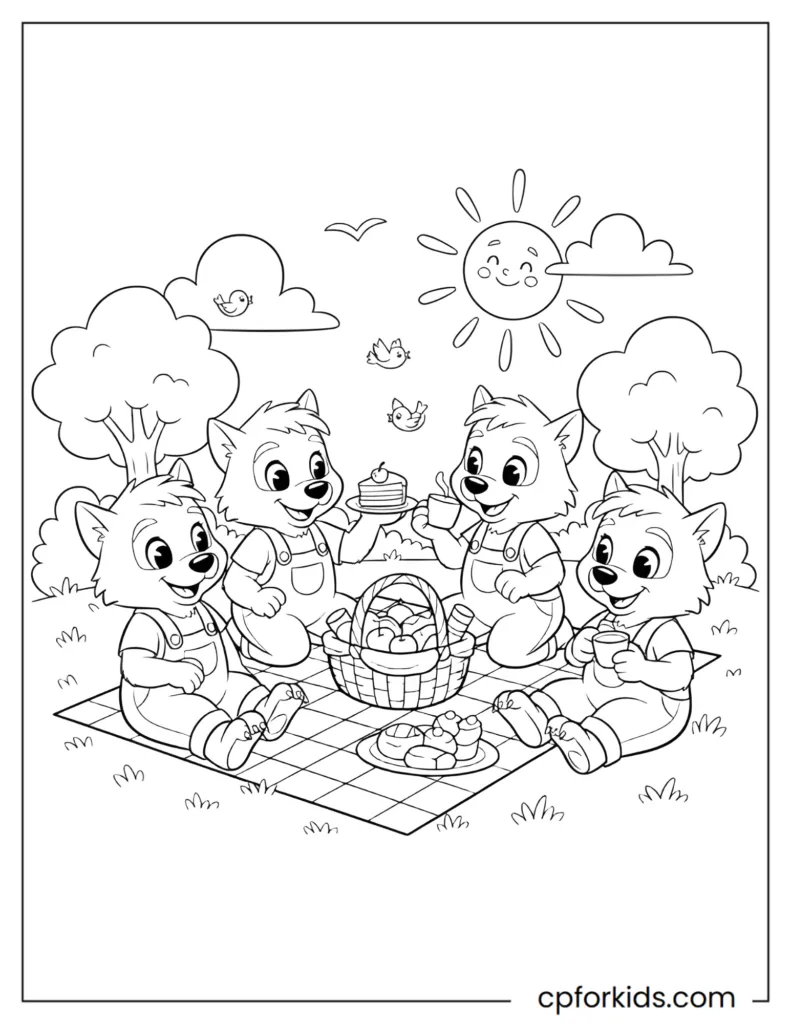 Group of cute werewolf friends having a picnic, wholesome cartoon scene, easy coloring page for kids.