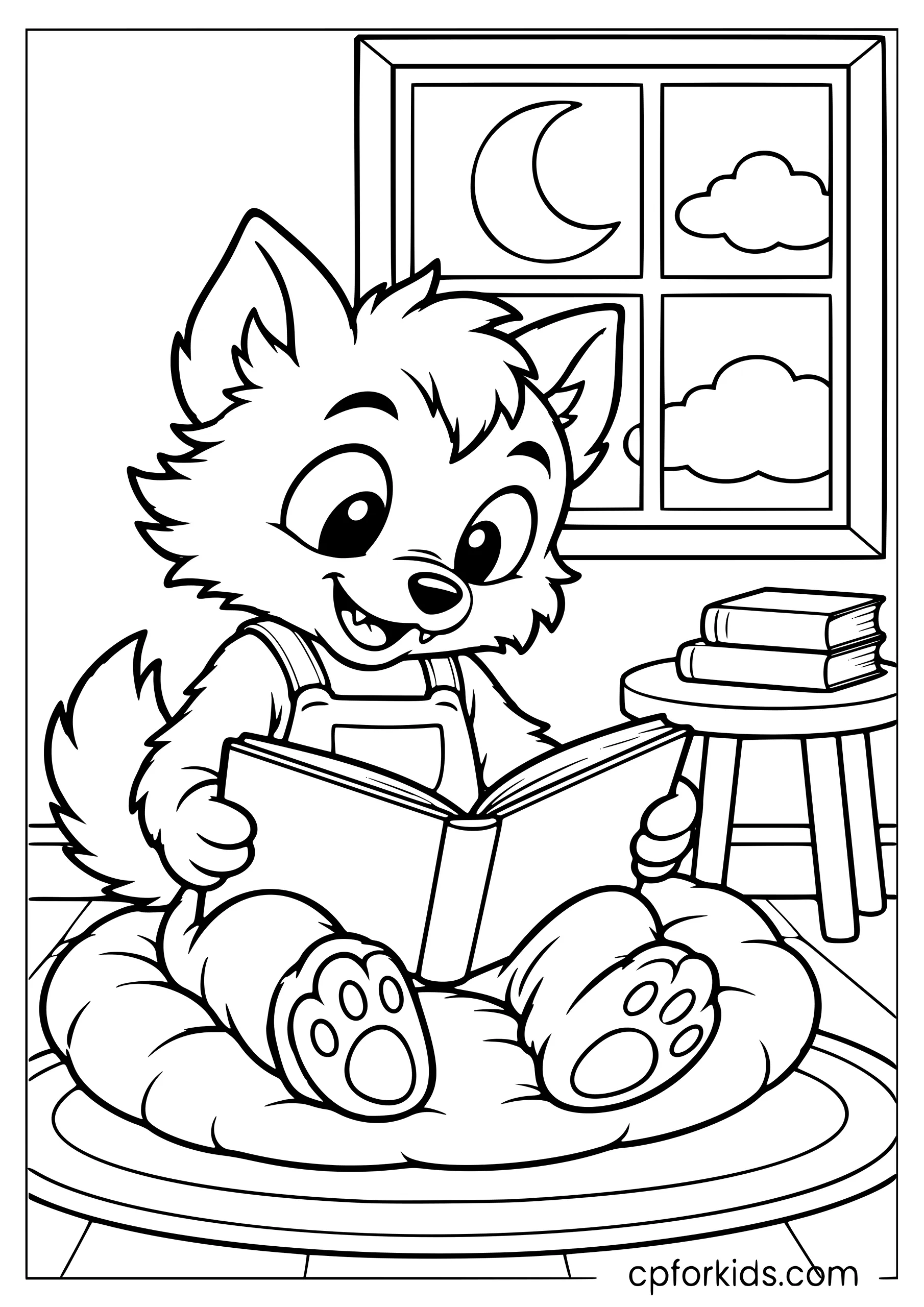 Werewolf cub reading on a cushion beside a window