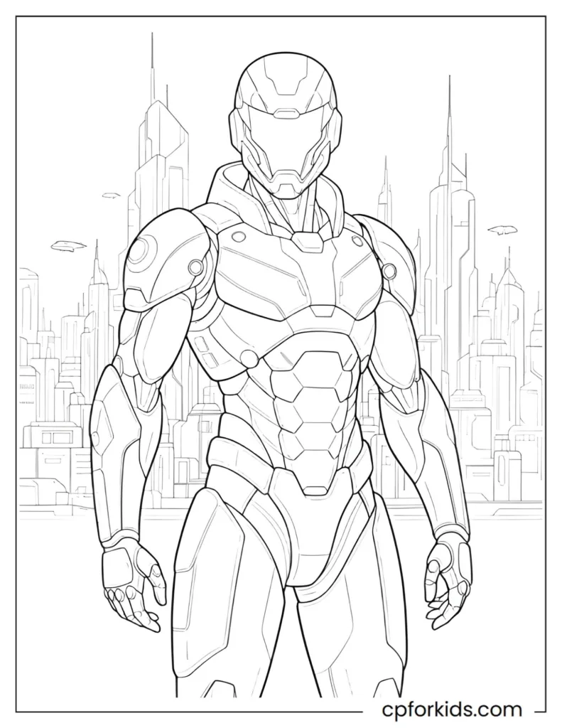Cyberpunk Style Robot Coloring Pages Cyberpunk robot coloring page showing a futuristic hero, black and white line art.