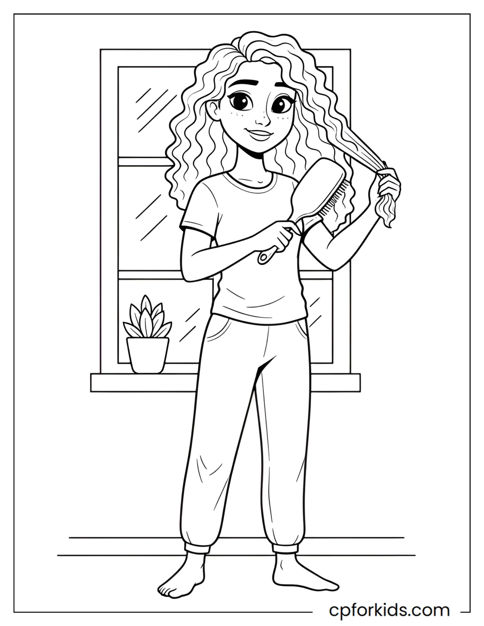 Curly hair woman brushing her hair in front of a window