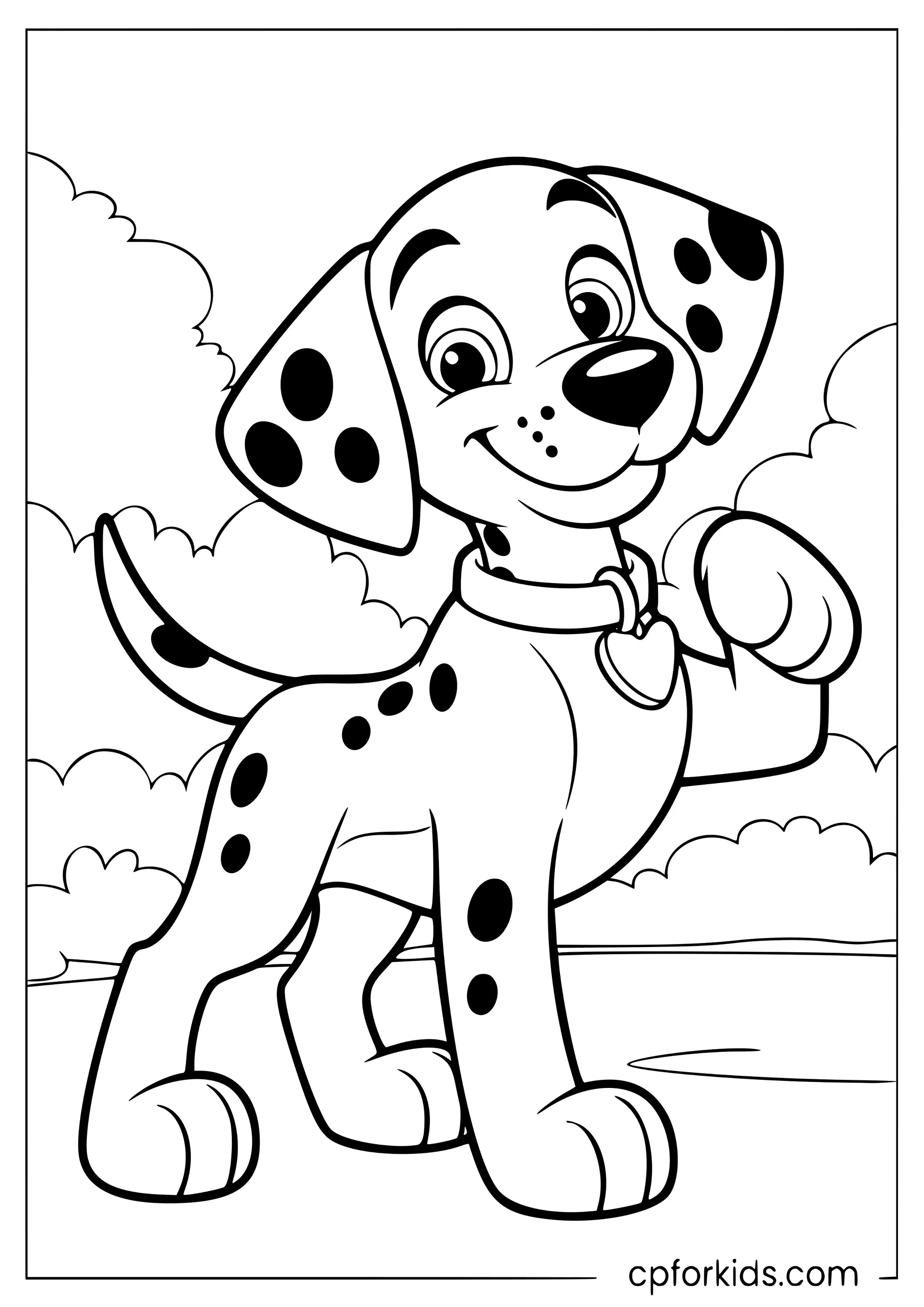 Dalmatian with spots standing in a park, paw raised
