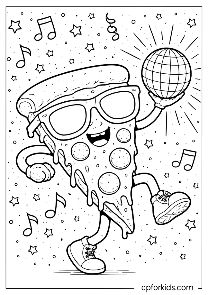 Dancing pizza slice wearing sunglasses and holding a disco ball coloring page for kids