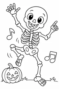 A happy skeleton dancing with arms raised