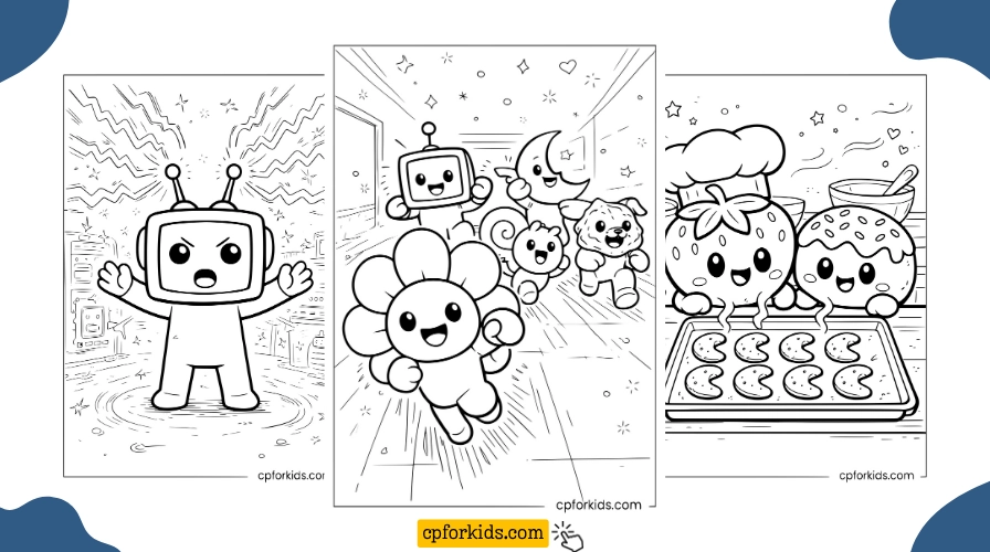 Three Dandy's World coloring pages showing Vee activating her ability, the Toons running together through a hallway, and Sprout and Cosmo baking cookies