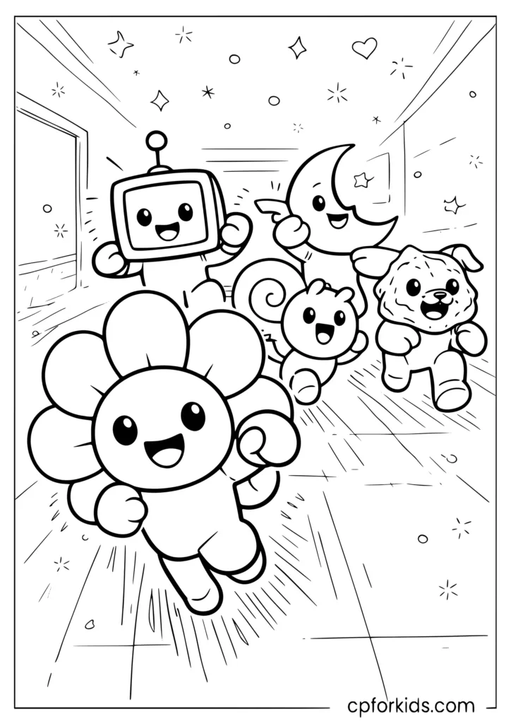 Five Dandy's World toon characters running together through a hallway with motion lines behind them