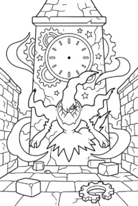Darkrai floating above an old clock tower and stone courtyard