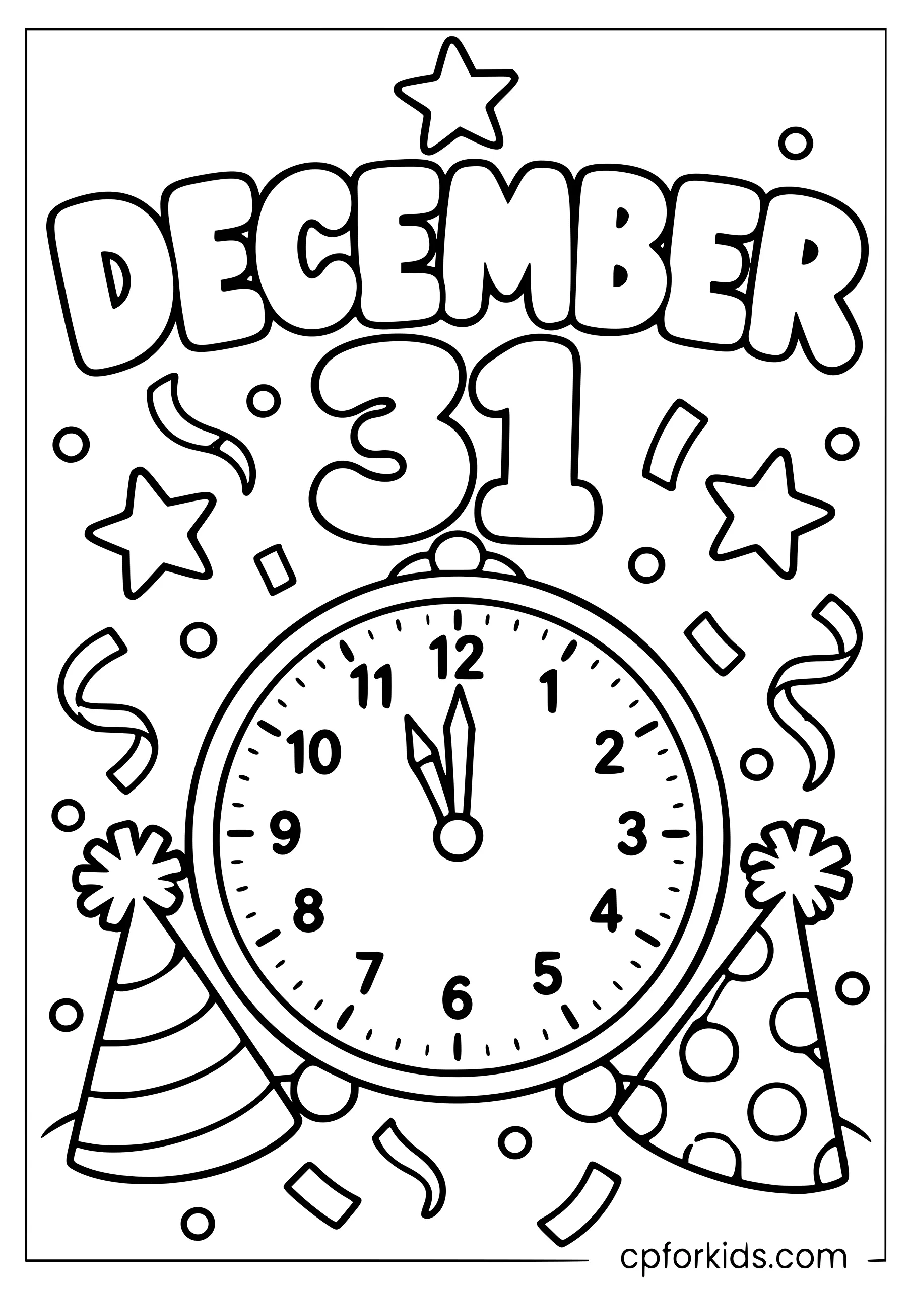 December 31 clock with confetti and party hats