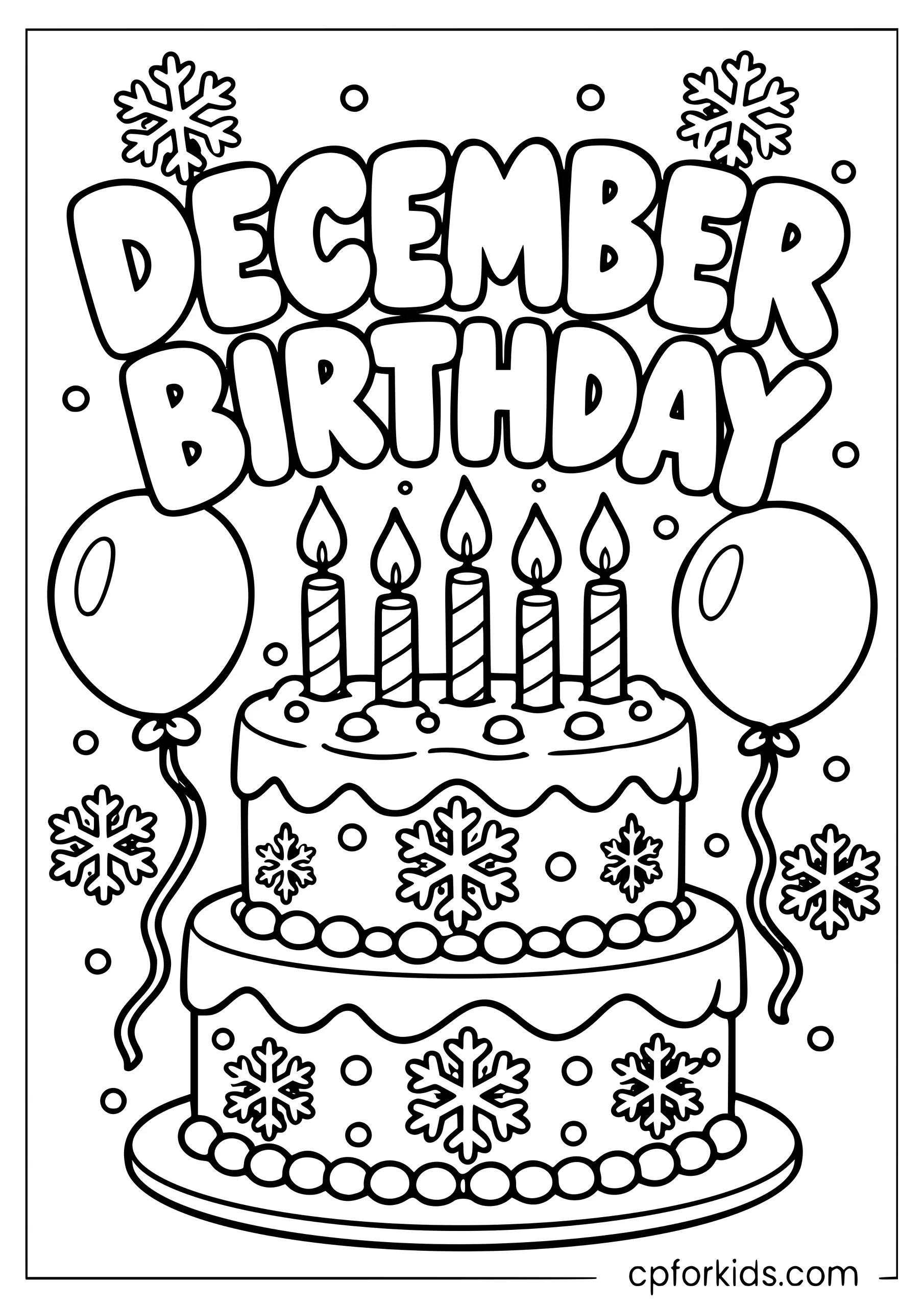December birthday cake with balloons and snowflakes