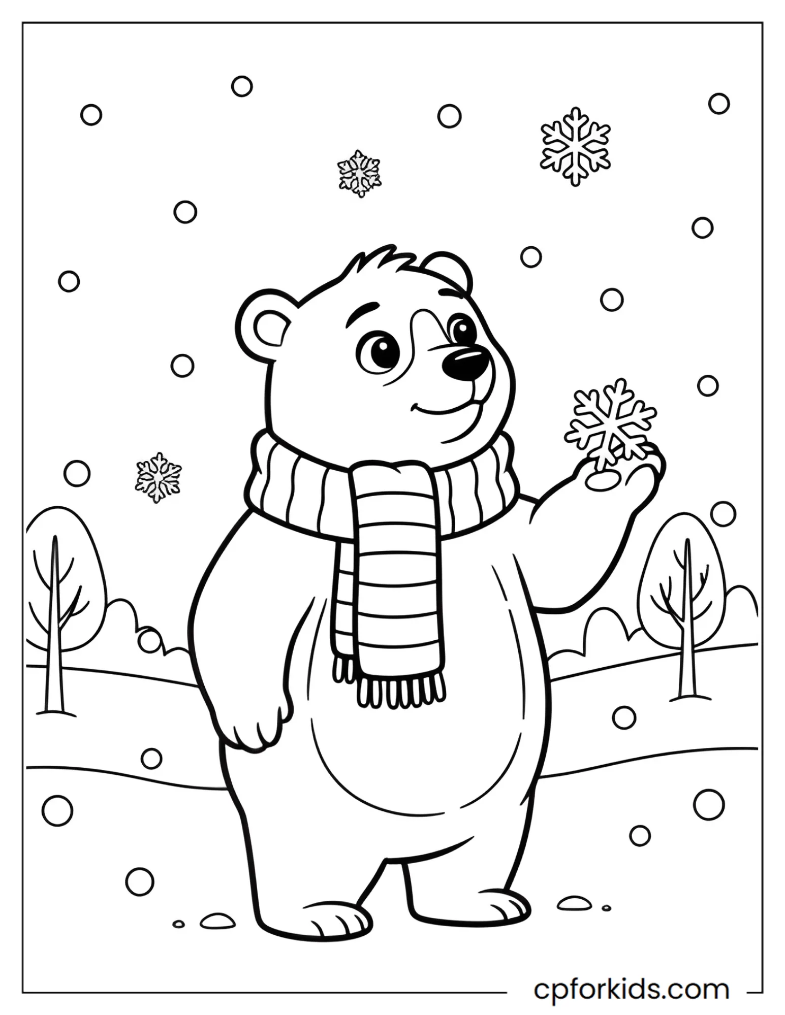 Bear counts falling snowflakes in a field