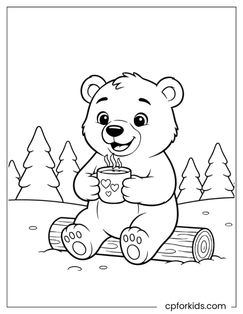 Bear drinking hot cocoa in a snowy winter forest coloring page