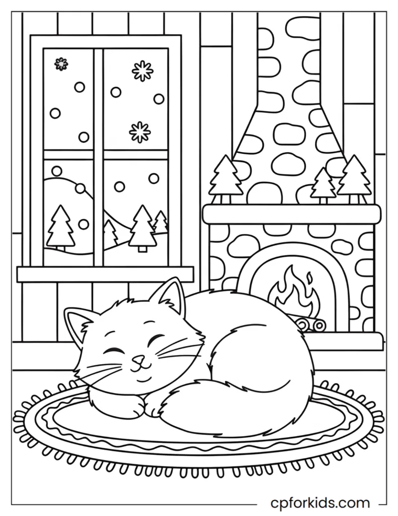 Cat sleeping by a fireplace inside a cozy winter cabin coloring page