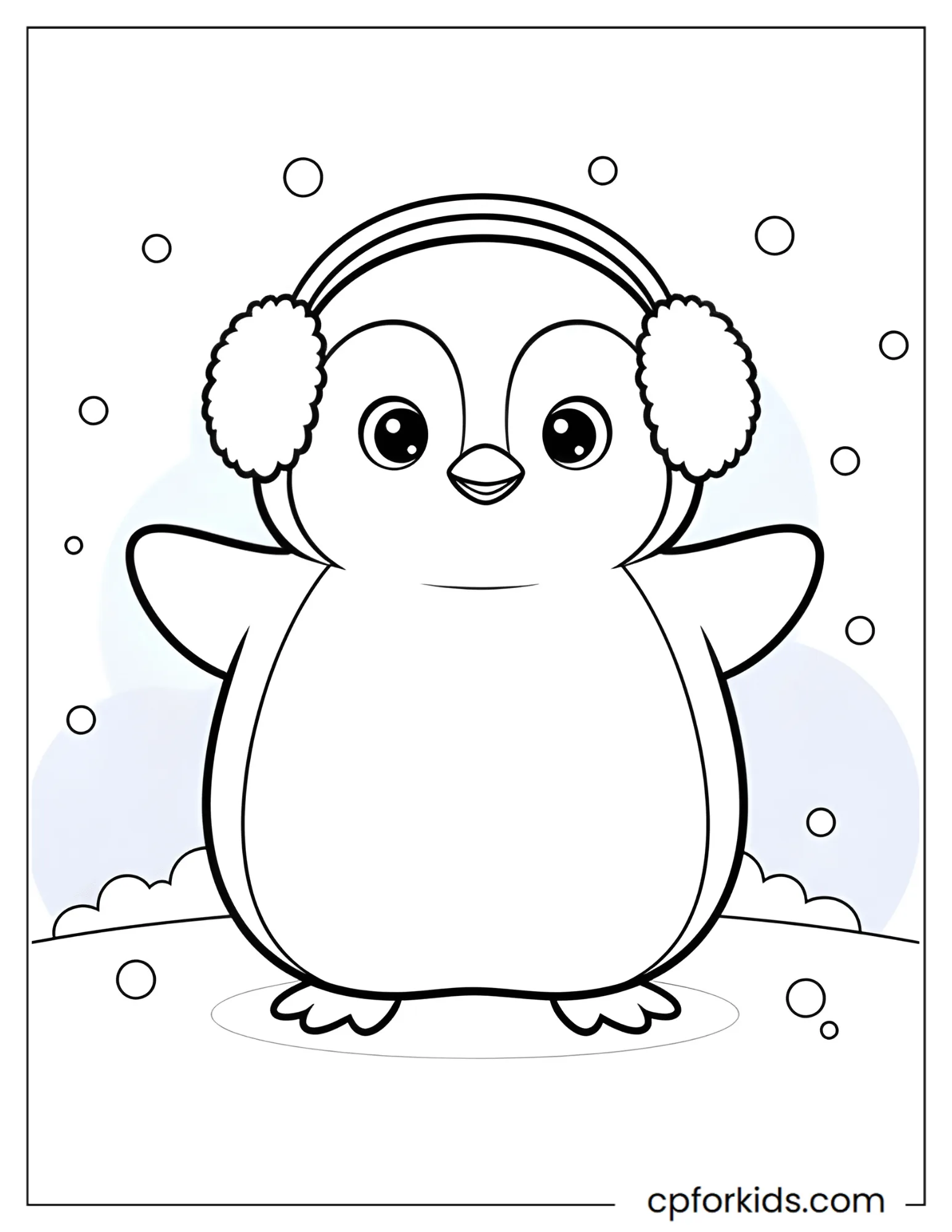 Chubby penguin wears earmuffs in a winter scene