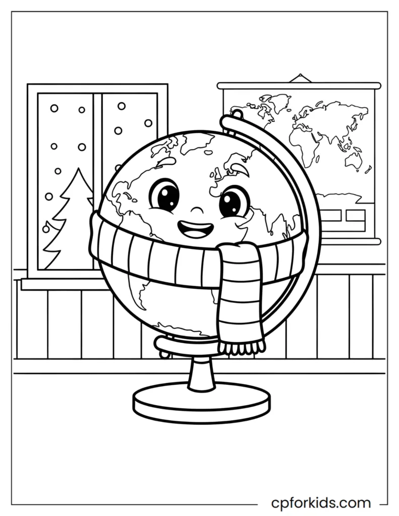 A classroom globe wearing a cozy winter scarf for a December school theme