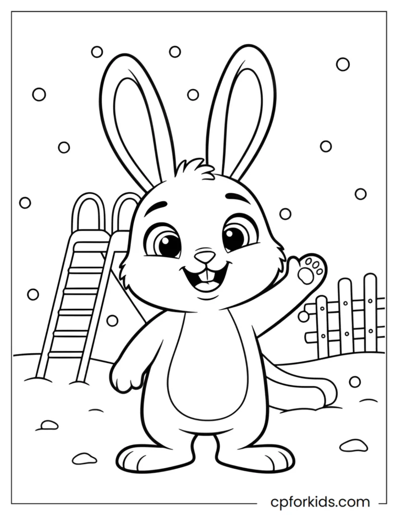Cute bunny waving hello in a snowy playground coloring page