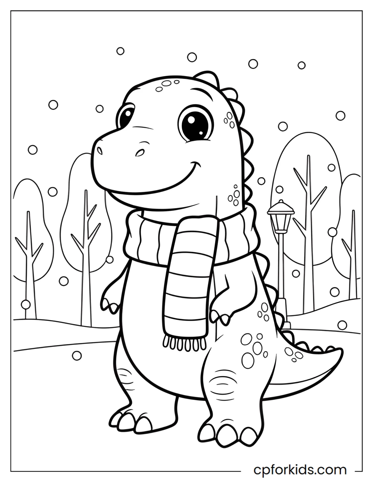 Dinosaur wears a scarf in a winter park