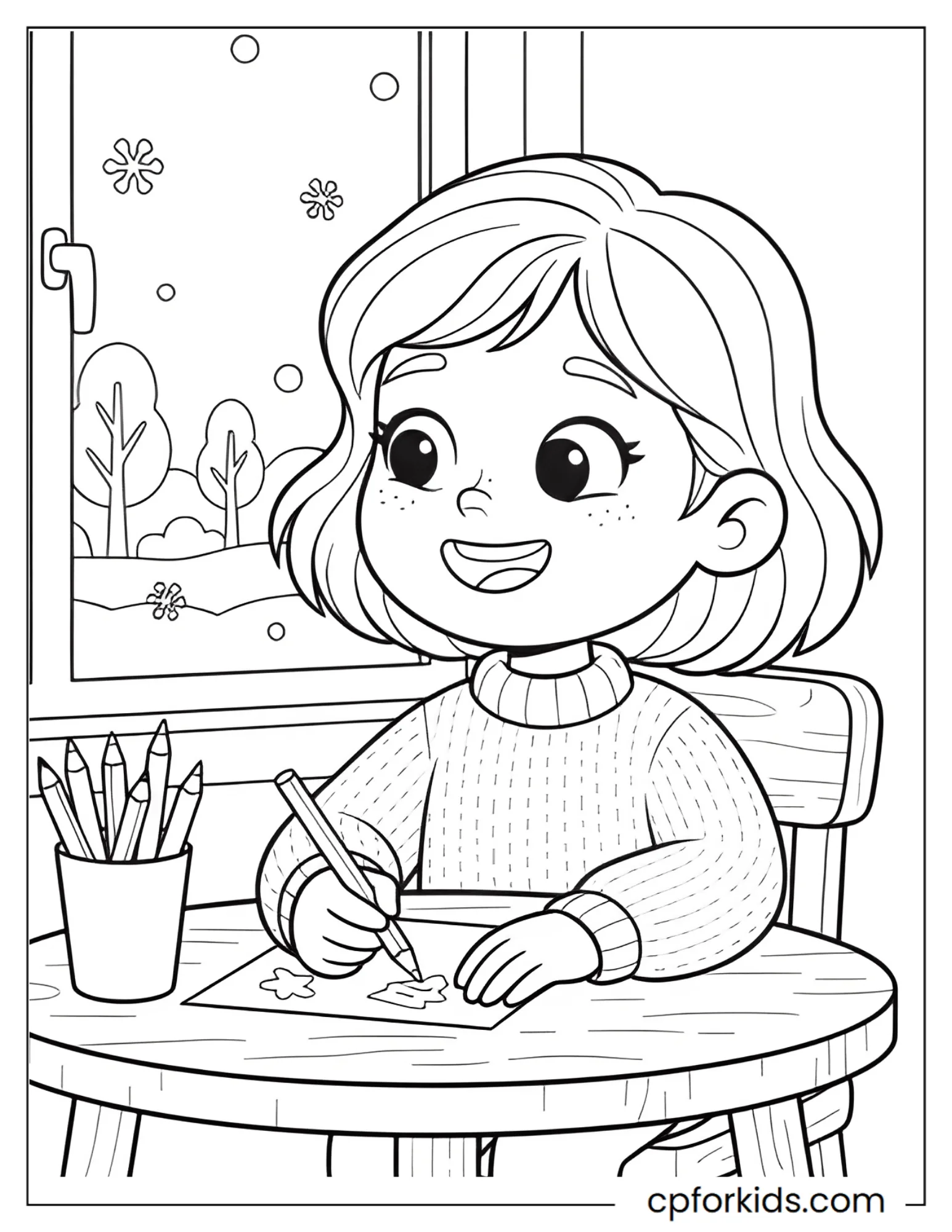 Girl watches falling snow by a window