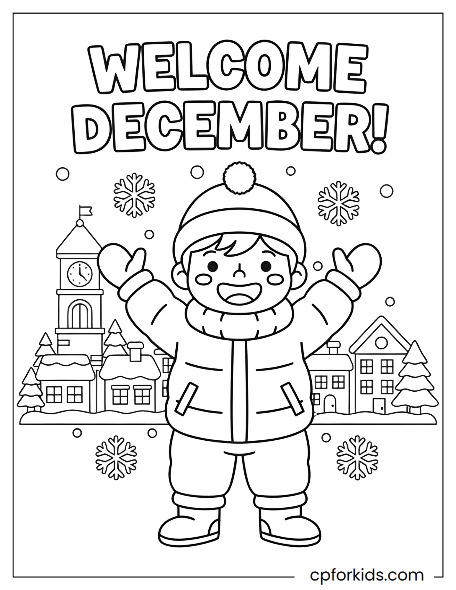 Child welcomes December in a snowy square
