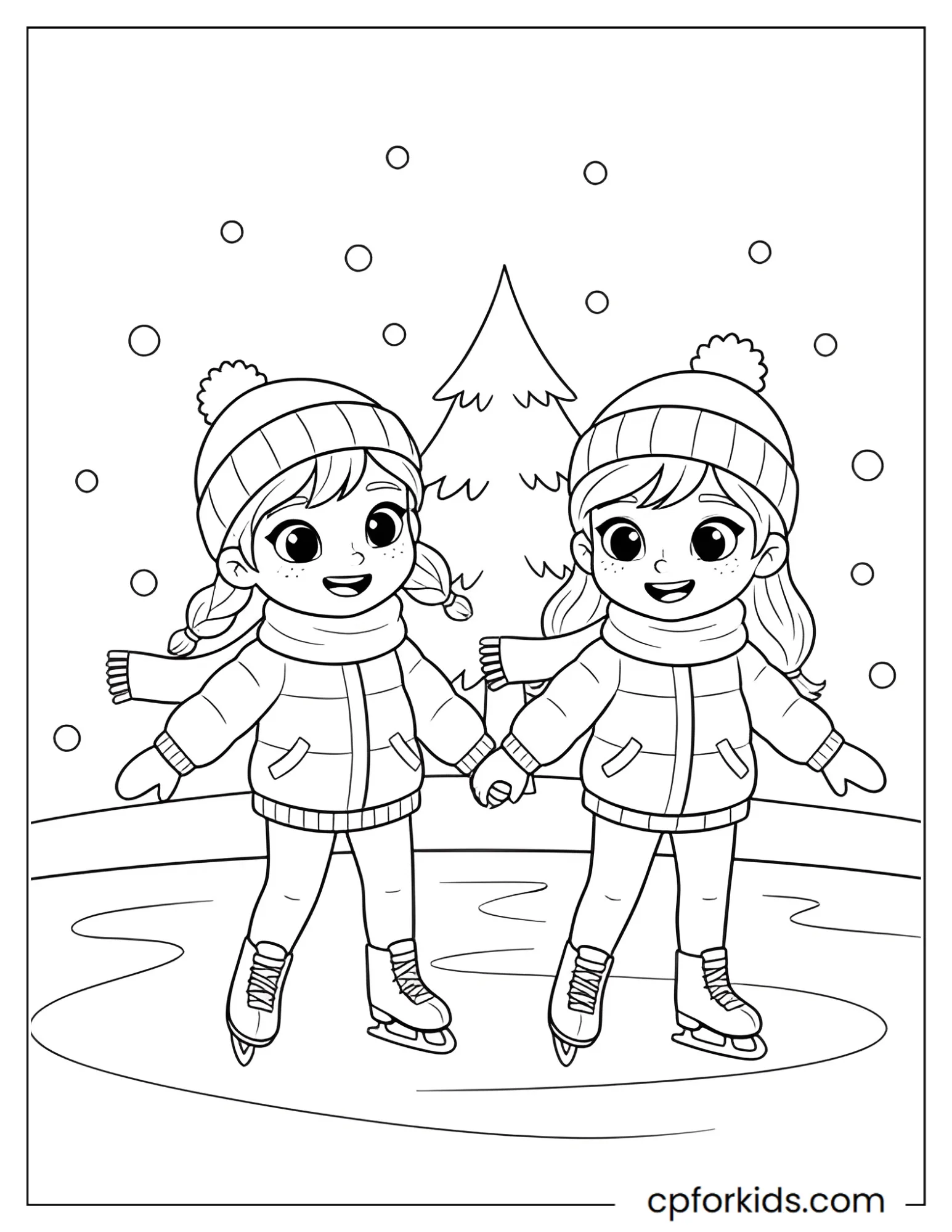 Kids ice skate together on a frozen lake