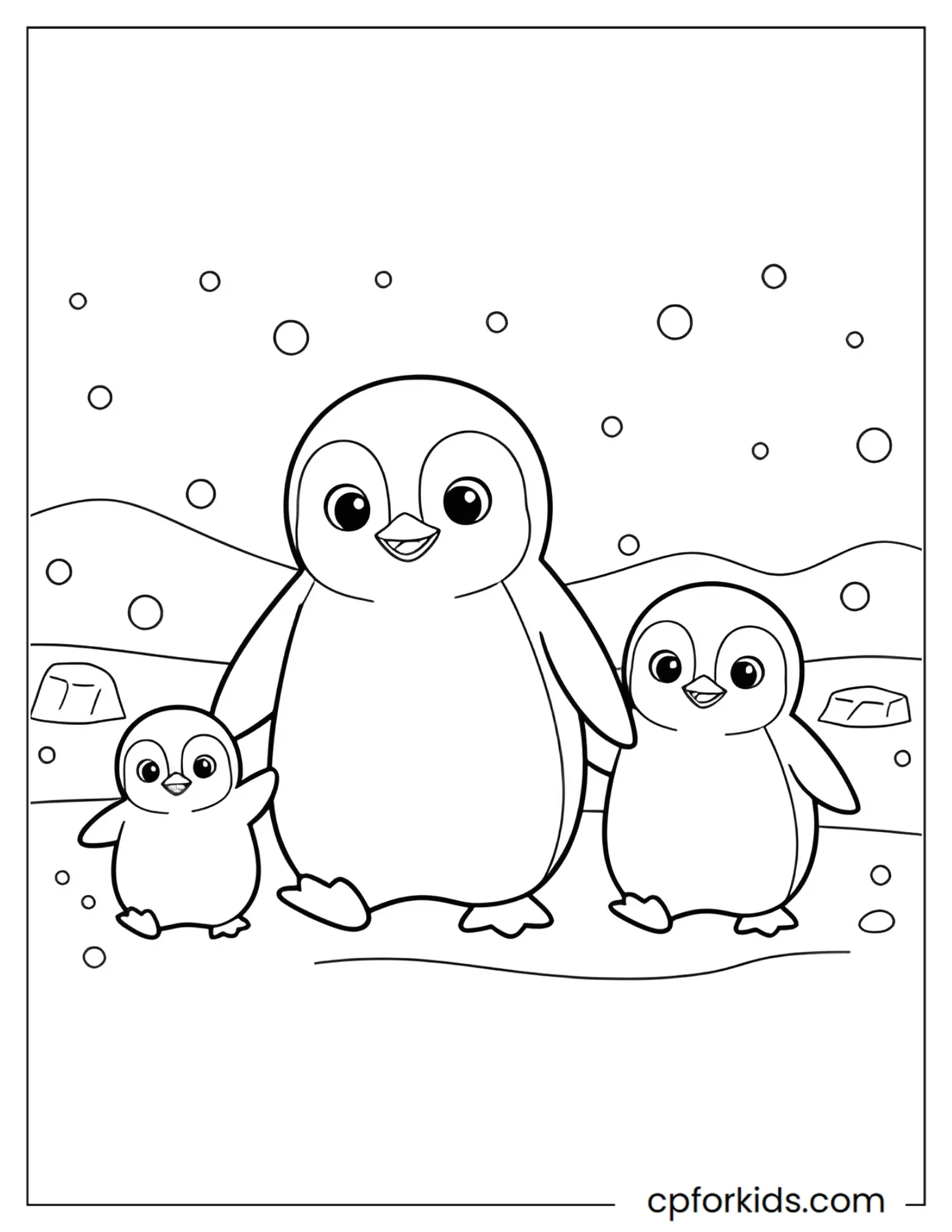 Penguin family walks across an icy landscape