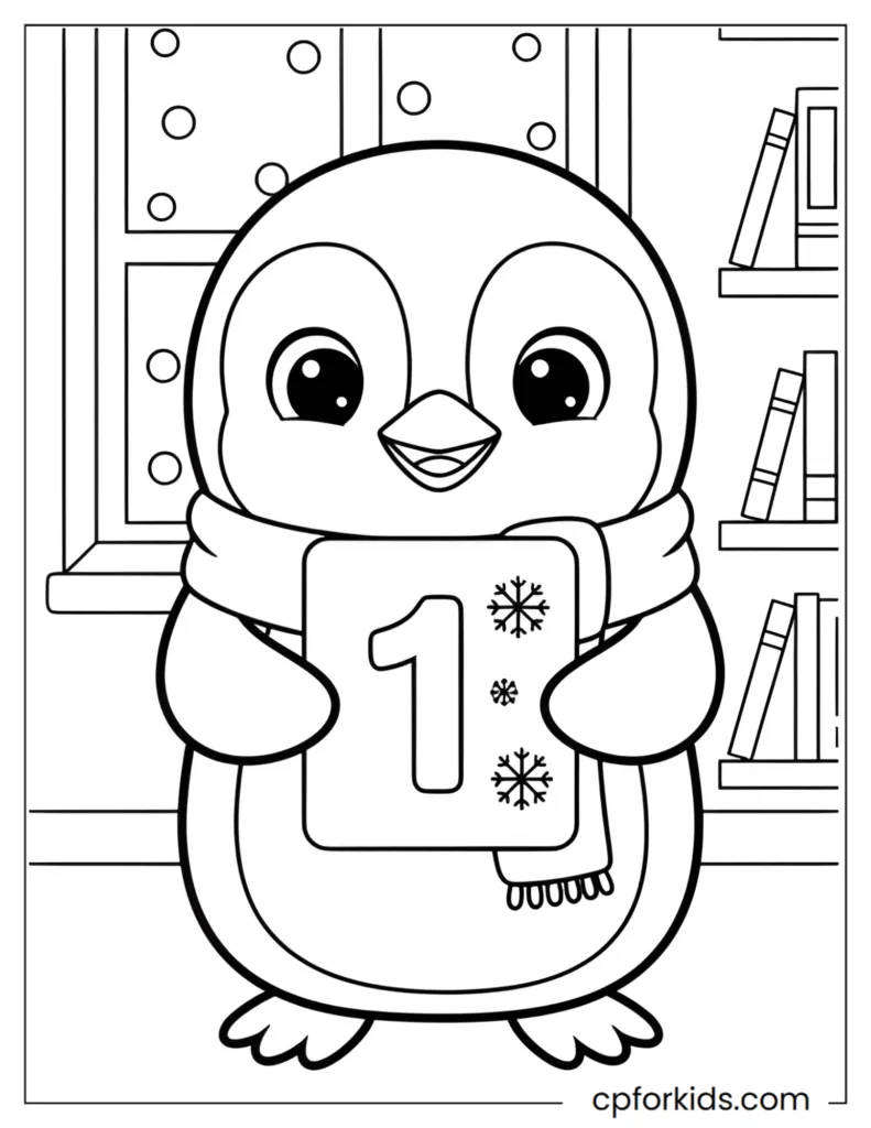 Penguin holding a number card for winter learning coloring page
