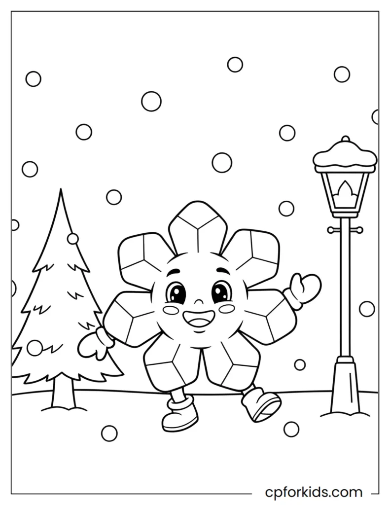 Cheerful snowflake character dancing in a simple winter scene coloring page