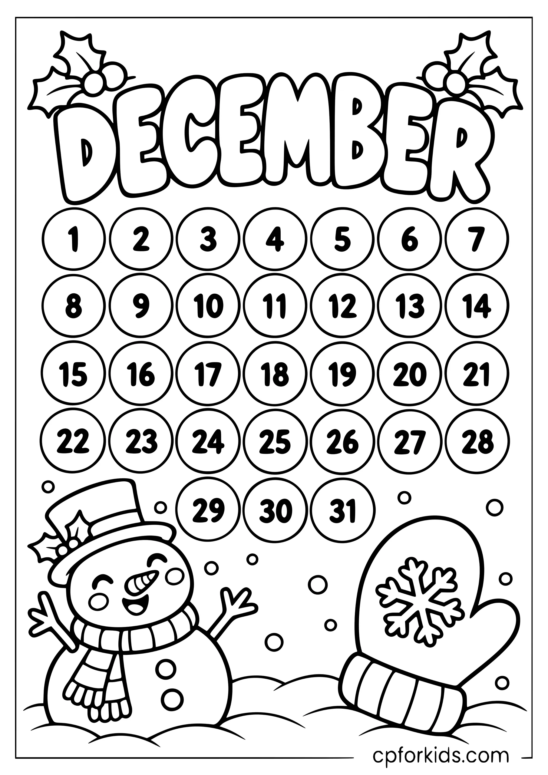 December countdown calendar with thirty-one numbered spaces