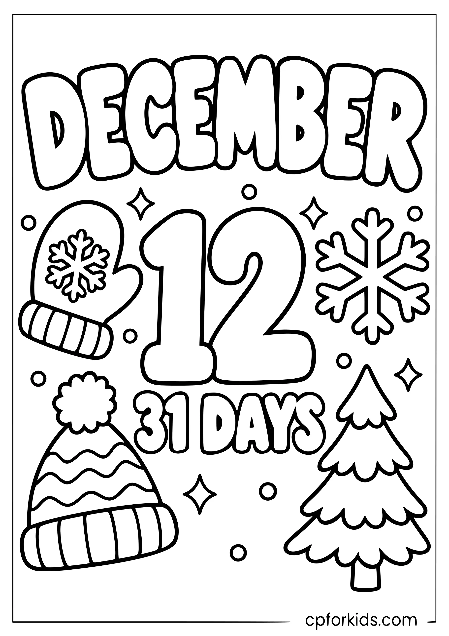 December worksheet with number twelve and winter icons