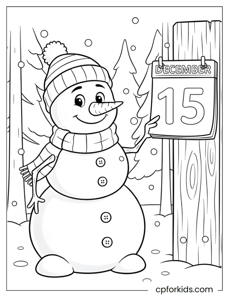 December daily calendar coloring sheet featuring a cute snowman for kids