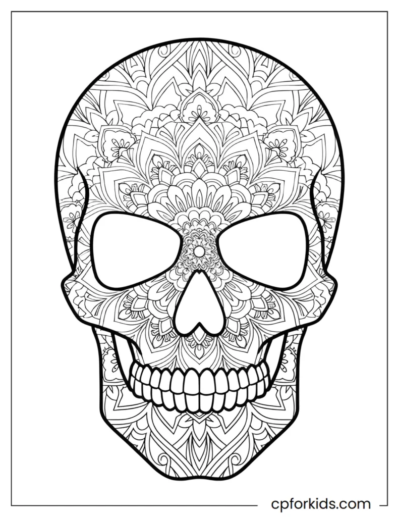Decorative Skull Mandala Coloring Pages Decorative skull mandala coloring page with symmetrical kaleidoscopic patterns filling the skull silhouette in fine black line art.