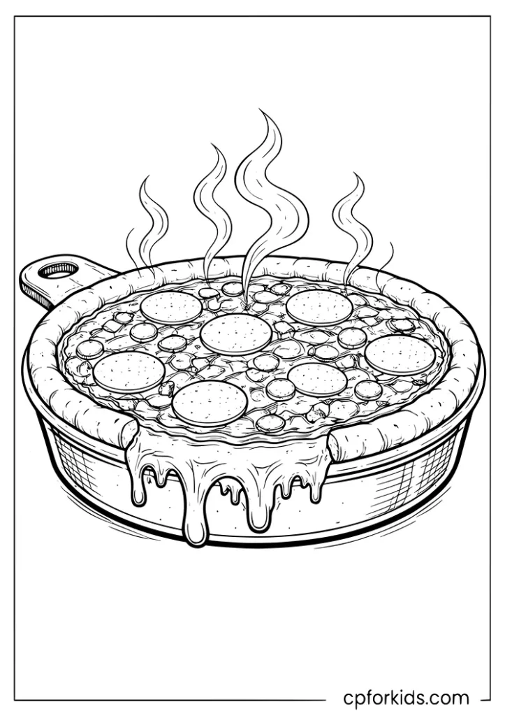 Deep dish Chicago style pizza in a round pan coloring page