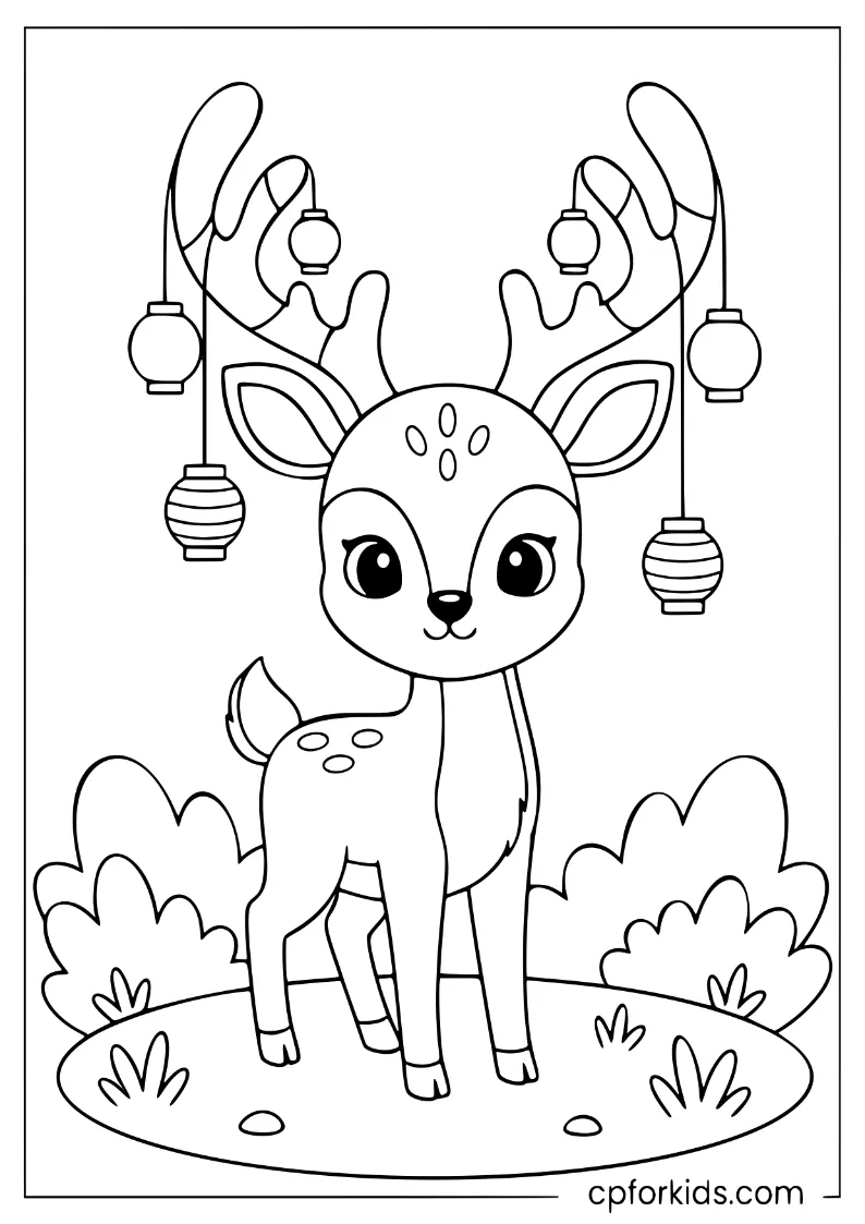 A deer with lanterns hanging from its antlers in a forest
