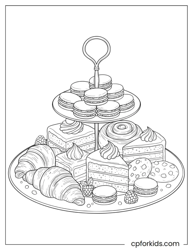 Dessert coloring page featuring a platter of various pastries, macarons, and sweet treats in detailed black and white art.