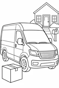 A delivery van parked beside a house with a package