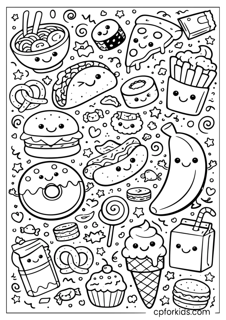 Dense cartoon food doodle pattern filling the entire page coloring sheet