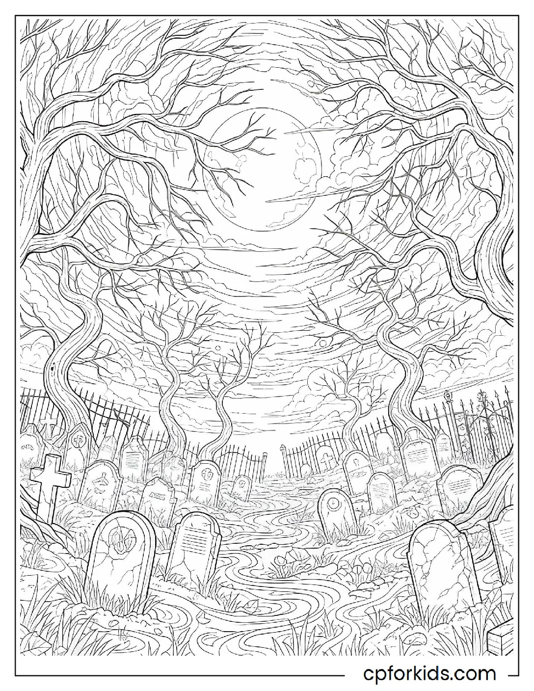Misty graveyard with twisted trees