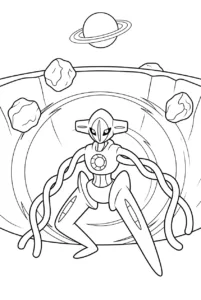 Deoxys landing inside a meteor crater surrounded by space rocks